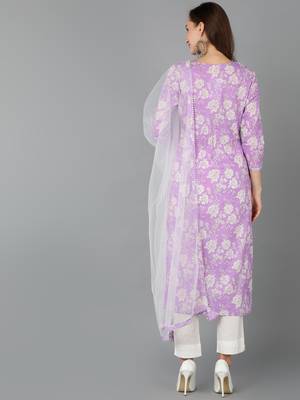 purple color printed rayon blend styles kurta trouser with dupatta 4