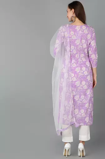 purple color printed rayon blend styles kurta trouser with dupatta