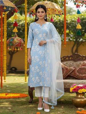 blue color printed rayon blend styles kurta trouser with dupatta 1