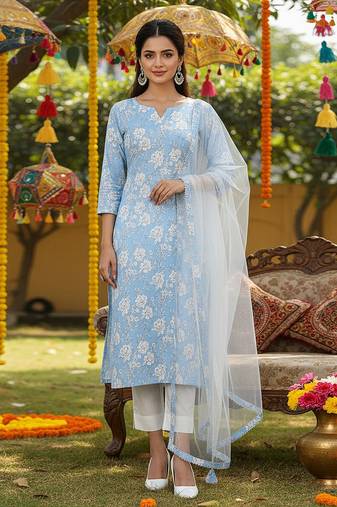 blue color printed rayon blend styles kurta trouser with dupatta