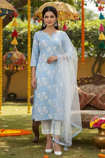 blue color printed rayon blend styles kurta trouser with dupatta