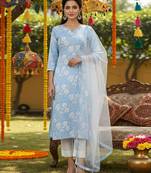 blue color printed rayon blend styles kurta trouser with dupatta