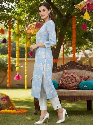 blue color printed rayon blend styles kurta trouser with dupatta 3