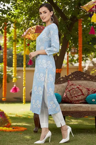 blue color printed rayon blend styles kurta trouser with dupatta
