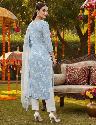 blue color printed rayon blend styles kurta trouser with dupatta 4