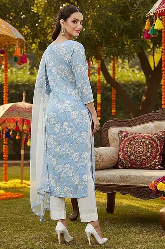 blue color printed rayon blend styles kurta trouser with dupatta