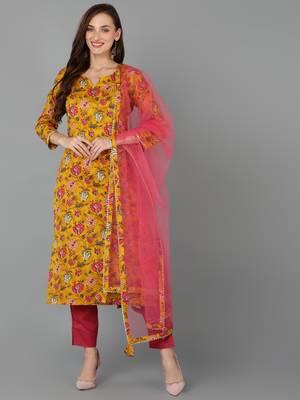 mustard color printed rayon blend styles kurta trouser with dupatta 2