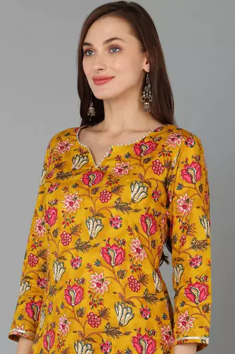 mustard color printed rayon blend styles kurta trouser with dupatta