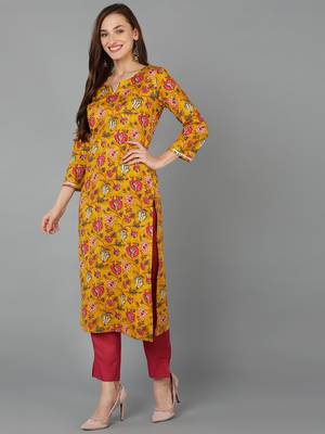 mustard color printed rayon blend styles kurta trouser with dupatta 4