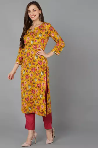 mustard color printed rayon blend styles kurta trouser with dupatta