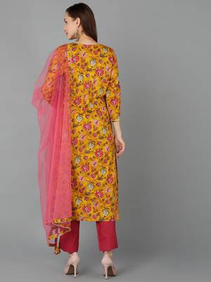mustard color printed rayon blend styles kurta trouser with dupatta 5