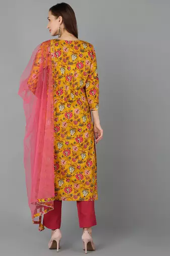 mustard color printed rayon blend styles kurta trouser with dupatta