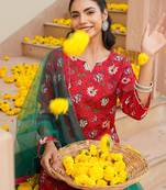 red color printed rayon blend styles kurta trouser with dupatta