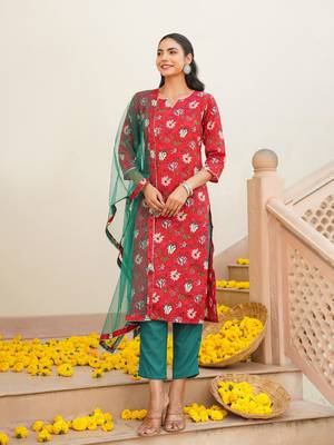 red color printed rayon blend styles kurta trouser with dupatta 2