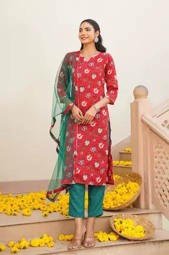 red color printed rayon blend styles kurta trouser with dupatta