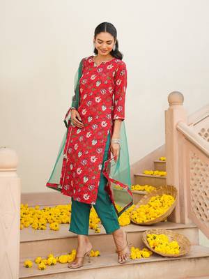 red color printed rayon blend styles kurta trouser with dupatta 3