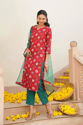red color printed rayon blend styles kurta trouser with dupatta