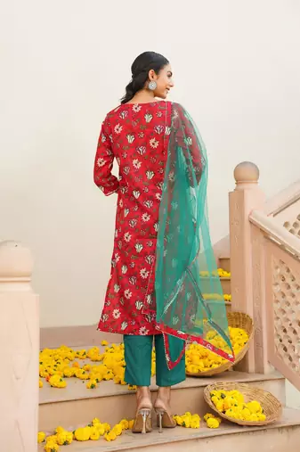 red color printed rayon blend styles kurta trouser with dupatta