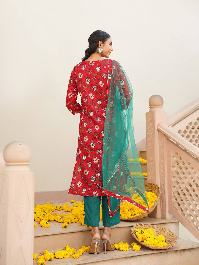 red color printed rayon blend styles kurta trouser with dupatta