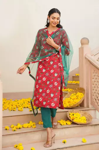 red color printed rayon blend styles kurta trouser with dupatta