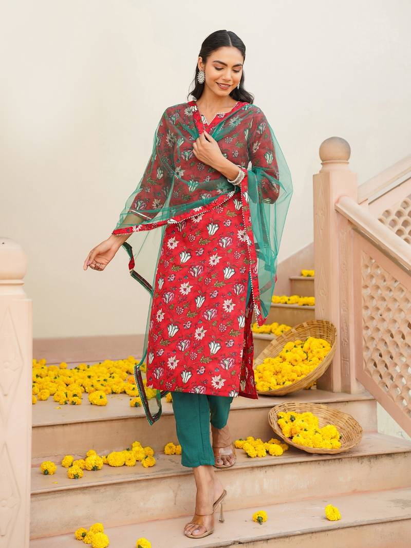 red color printed rayon blend styles kurta trouser with dupatta