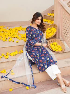 blue color printed rayon blend styles kurta trouser with dupatta 1
