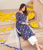 blue color printed rayon blend styles kurta trouser with dupatta