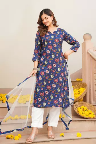blue color printed rayon blend styles kurta trouser with dupatta