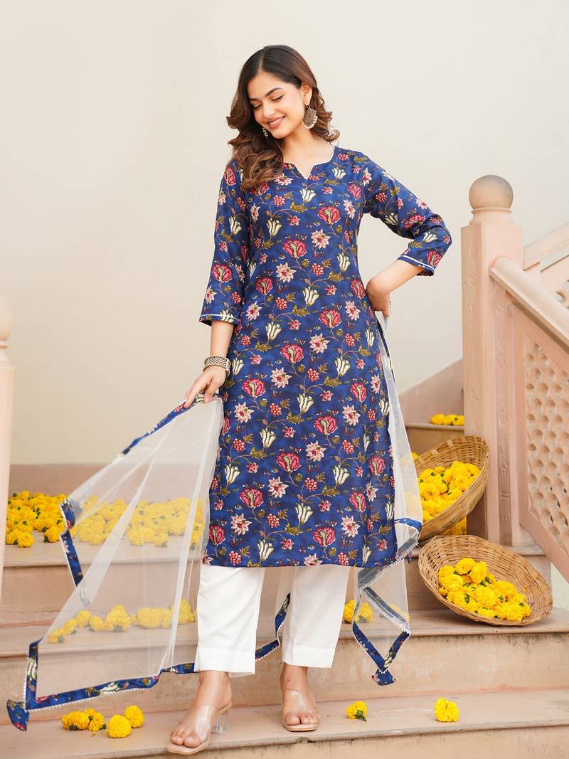 blue color printed rayon blend styles kurta trouser with dupatta