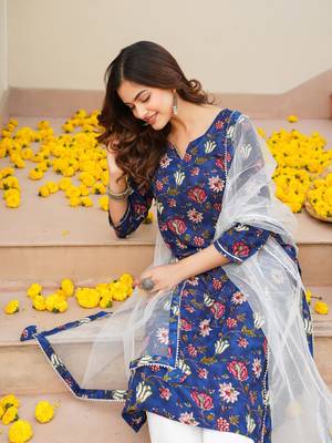 blue color printed rayon blend styles kurta trouser with dupatta 3