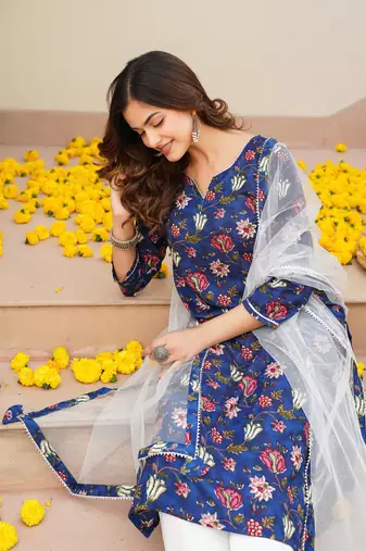 blue color printed rayon blend styles kurta trouser with dupatta