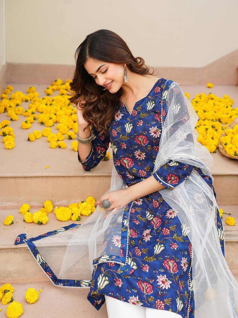 blue color printed rayon blend styles kurta trouser with dupatta