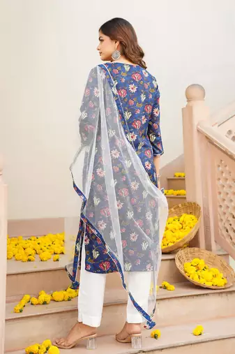 blue color printed rayon blend styles kurta trouser with dupatta