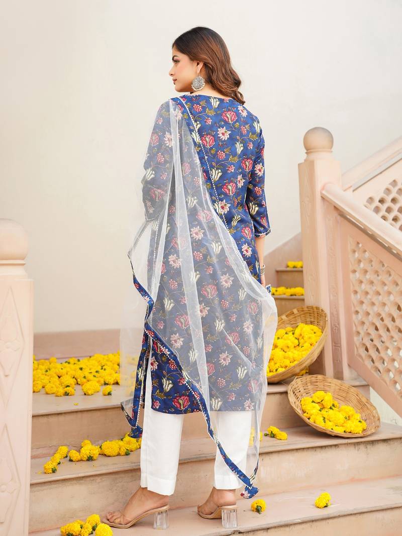 blue color printed rayon blend styles kurta trouser with dupatta
