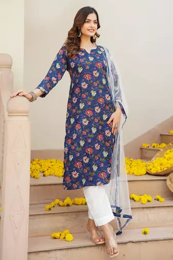 blue color printed rayon blend styles kurta trouser with dupatta