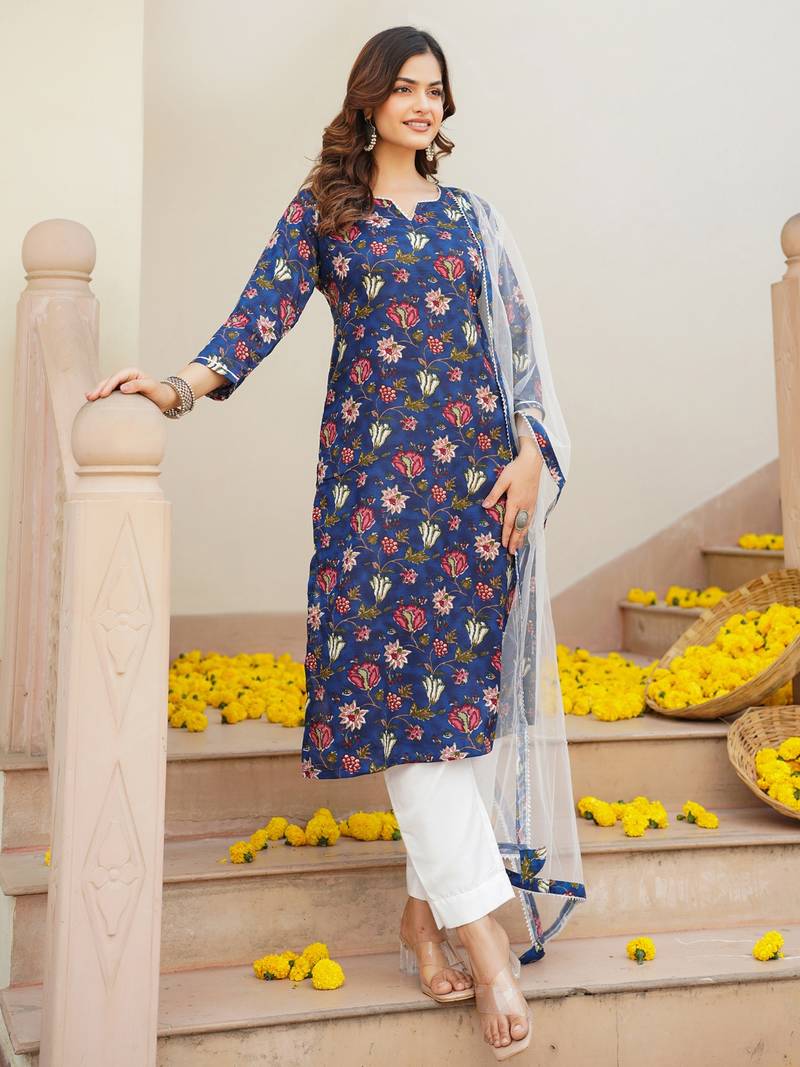 blue color printed rayon blend styles kurta trouser with dupatta