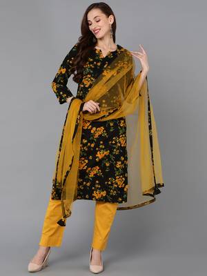 black color printed rayon blend styles kurta trouser with dupatta 1