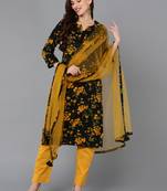 black color printed rayon blend styles kurta trouser with dupatta