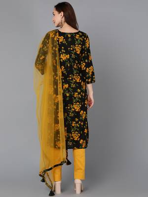 black color printed rayon blend styles kurta trouser with dupatta 4