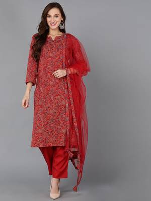 red color printed rayon blend styles kurta trouser with dupatta 1