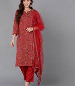 red color printed rayon blend styles kurta trouser with dupatta