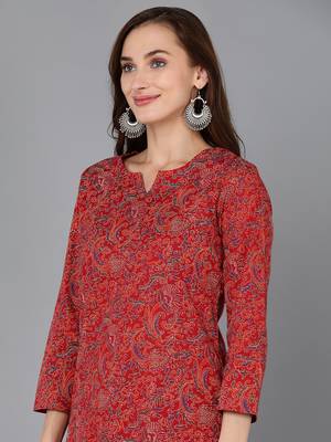 red color printed rayon blend styles kurta trouser with dupatta 2