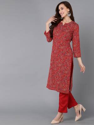 red color printed rayon blend styles kurta trouser with dupatta 3