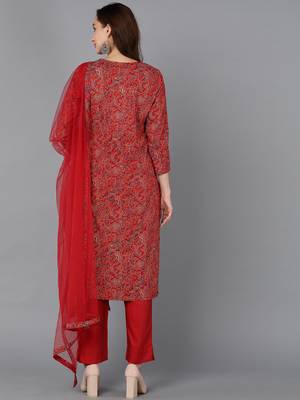 red color printed rayon blend styles kurta trouser with dupatta 4