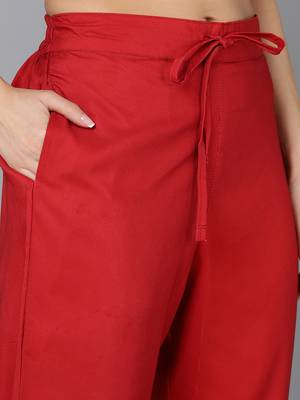 red color printed rayon blend styles kurta trouser with dupatta 5