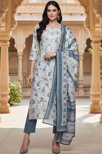 white color embroidered poly chanderi styles kurta trouser with dupatta