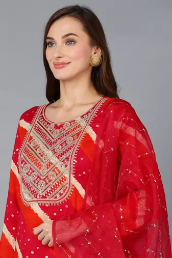 pink color embroidered viscose rayon styles kurta trouser with dupatta