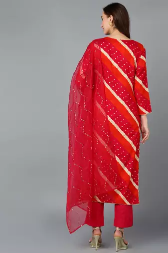 pink color embroidered viscose rayon styles kurta trouser with dupatta