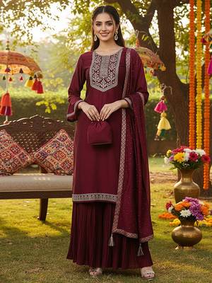 Embroidered Kurta Set in Wine Maroon 1