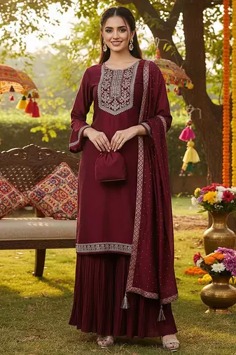 Embroidered Kurta Set in Wine Maroon